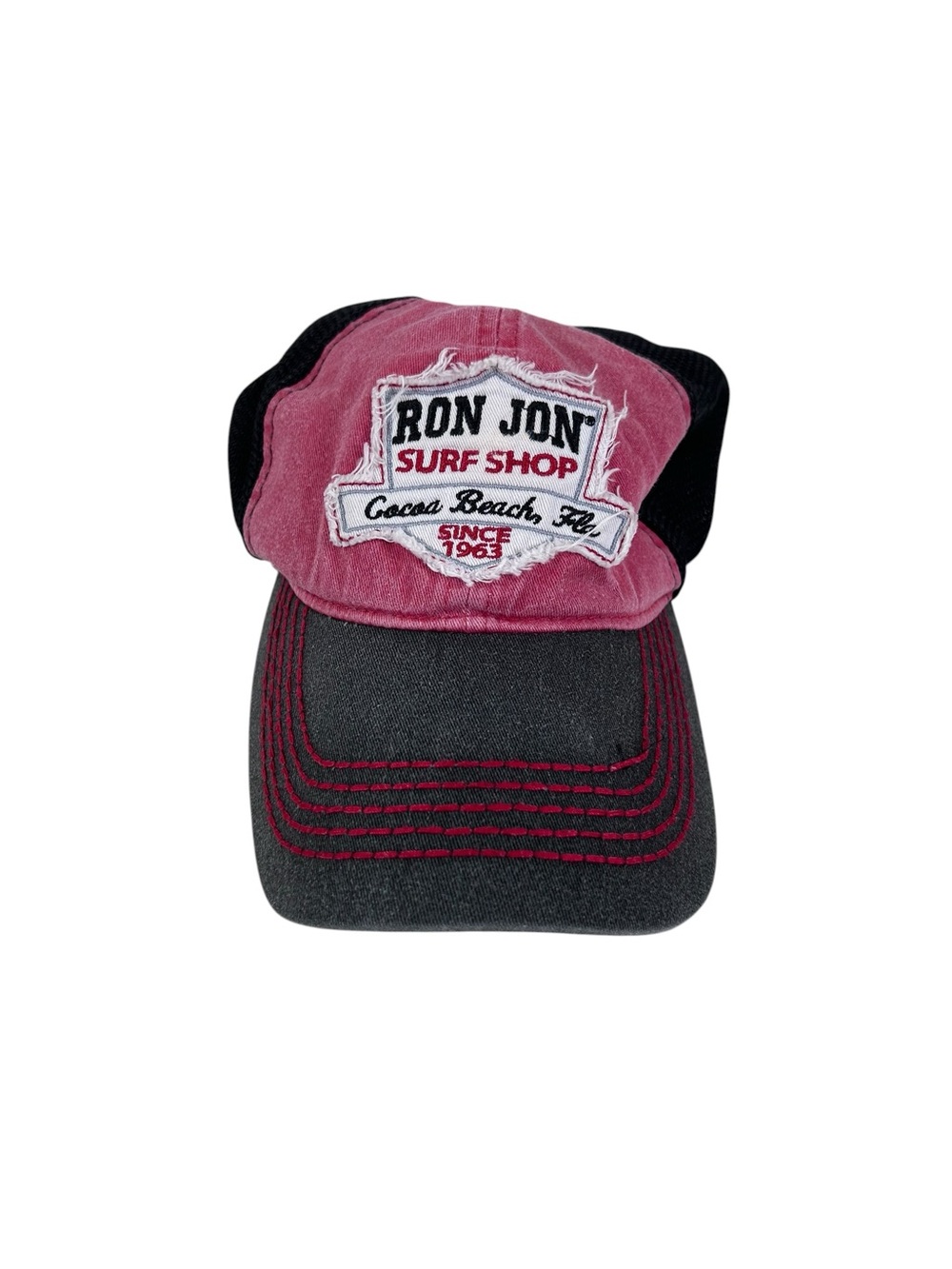 Ron Jon Surf Shop Cocoa Beach Trucker Hat Red Black Mesh Distressed Patch OSFM